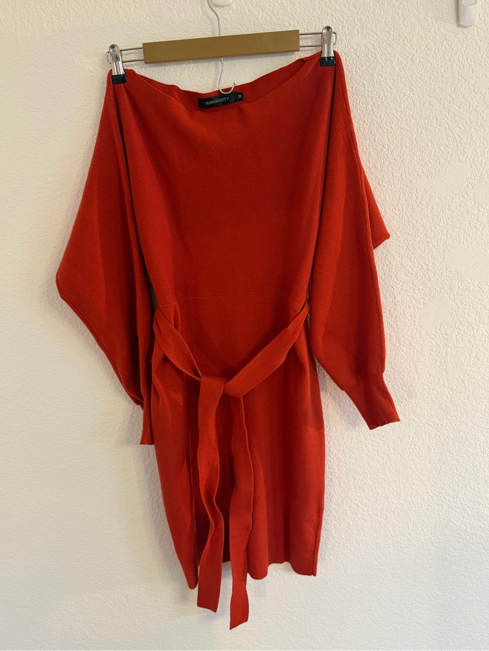 MEROKEETY OFF SHOULDER RIBBED KNIT BELTED SWEATER DRESS